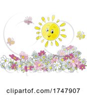 Poster, Art Print Of Happy Sun Over Butterflies And Flowers