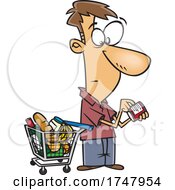 Cartoon Man Grocery Shopping And Reading Nutrition Labels by toonaday