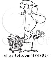 Black And White Cartoon Man Grocery Shopping And Reading Nutrition Labels