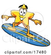 Star Mascot Cartoon Character Surfing On A Blue And Yellow Surfboard by Mascot Junction