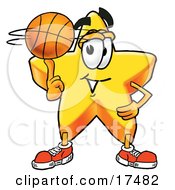 Clipart Picture Of A Star Mascot Cartoon Character With A Basketball