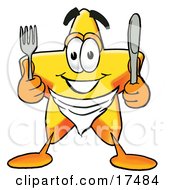 Star Mascot Cartoon Character Holding A Knife And Fork