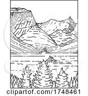 Poster, Art Print Of Saint Mary Lake And Wild Goose Island In Glacier National Park Located In Montana United States Mono Line Or Monoline Black And White Line Art