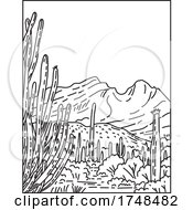Poster, Art Print Of Organ Pipe Cactus National Monument In The Sonoran Desert Located In Extreme Southern Arizona United States Mono Line Or Monoline Black And White Line Art
