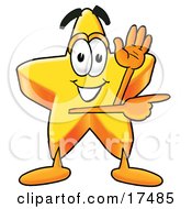 Clipart Picture Of A Star Mascot Cartoon Character Waving And Pointing by Toons4Biz