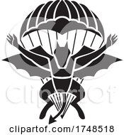 Poster, Art Print Of Red Devils Parachute Regiment Free Fall Team Showing A Demon Devil Or Bat With Parachute Jumping Front View Military Badge Black And White