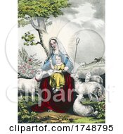 Poster, Art Print Of The Good Shepherdess Showing Mary With Jesus As A Child And A Flock Of Sheep With A Wolf In The Background