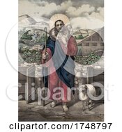Poster, Art Print Of Jesus The Good Shepherd With His Flock With Man Running From A Wolf In The Background