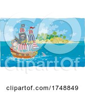 Poster, Art Print Of Boy Sailing A Pirate Ship Near A Shark By An Island