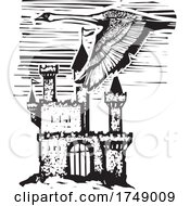 Poster, Art Print Of Woodcut Style Swan Over Castle