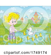 Poster, Art Print Of Happy Blond Girl Feeding Ducks At A Pond