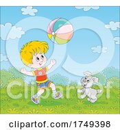 Boy And Puppy Playing With A Ball