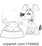 Black And White Cartoon Dog Wagging His Taile At A Food Dish