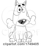 Black And White Cartoon Bull Terrier Dog Sitting With A Bone In Its Mouth by Hit Toon
