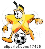 Poster, Art Print Of Star Mascot Cartoon Character Kicking A Soccer Ball