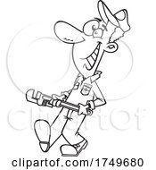 Cartoon Black And White Happy Male Plumber Carrying A Monkey Wrench by toonaday