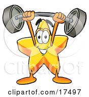Clipart Picture Of A Star Mascot Cartoon Character Holding A Heavy Barbell Above His Head by Toons4Biz