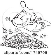Poster, Art Print Of Cartoon Black And White Boy Diving In To Autumn Leaves