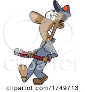 Cartoon Happy Male Plumber Carrying A Monkey Wrench