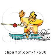 Star Mascot Cartoon Character Waving While Water Skiing