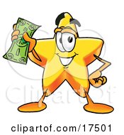 Clipart Picture Of A Star Mascot Cartoon Character Holding A Dollar Bill by Toons4Biz