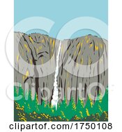 Ribbon Falls Flowing Off A Cliff On The West Side Of El Capitan Within Yosemite National Park California USA WPA Poster Art