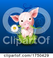 Poster, Art Print Of Little Pink Pig In Grass Over Blue