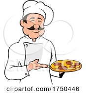 Poster, Art Print Of Happy Cartoon Chef Holding A Pizza Pie