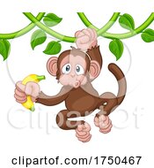 Poster, Art Print Of Monkey Singing On Jungle Vines With Banana Cartoon