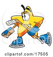 Clipart Picture Of A Star Mascot Cartoon Character Playing Ice Hockey by Toons4Biz