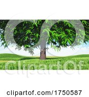 3D Landscape With Large Tree In Grassy Meadow