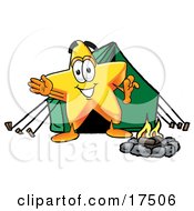 Poster, Art Print Of Star Mascot Cartoon Character Camping With A Tent And Fire