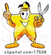 Star Mascot Cartoon Character Holding A Pair Of Scissors by Mascot Junction