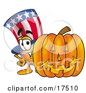 Uncle Sam Mascot Cartoon Character With A Carved Halloween Pumpkin