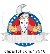 Clipart Picture Of A Wrench Mascot Cartoon Character Over A Blank White Banner On An American Themed Business Logo