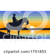 Poster, Art Print Of Silhouetted Horseback Cowboy Against A Lake At Sunset