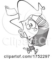 Cartoon Black And White Stressed Girl Or Woman Carrying A Stack Of Papers by toonaday