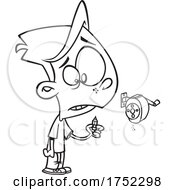 Cartoon Black And White Boy Holding A Pencil Stub After Using A Sharpener