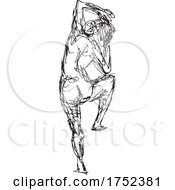 Poster, Art Print Of Nude Female Human Figure Standing Rear View Doodle Art Continuous Line Drawing