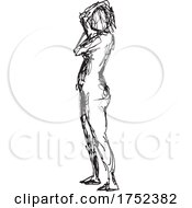 Poster, Art Print Of Nude Female Human Figure Posing With Hand Behind Head Side View Doodle Art Line Drawing