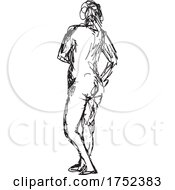 Poster, Art Print Of Nude Female Human Figure Posing With Hand On Hips Rear View Doodle Art Line Drawing