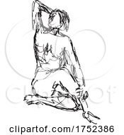 Poster, Art Print Of Nude Female Human Figure Sitting On Floor Doodle Art Continuous Line Drawing