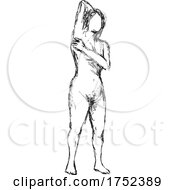 Poster, Art Print Of Nude Female Human Figure Posing With Hand Behind Head Doodle Art Line Drawing