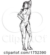 Poster, Art Print Of Nude Female Human Figure Posing With Hand Behind Head Front View Doodle Art Line Drawing
