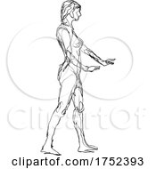 Poster, Art Print Of Nude Female Human Figure Posing Standing Side View Doodle Art Continuous Line Drawing