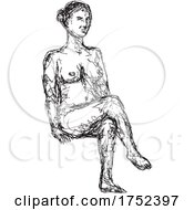 Poster, Art Print Of Nude Female Human Figure Sitting Down Front View Doodle Art Continuous Line Drawing