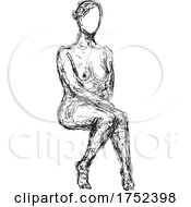 Poster, Art Print Of Nude Female Human Figure Sitting Front View Down Doodle Art Continuous Line Drawing