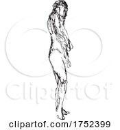 Poster, Art Print Of Nude Female Human Figure Posing Standing Doodle Art Continuous Line Drawing