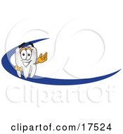 Clipart Picture Of A Tooth Mascot Cartoon Character Behind A Dash On An Employee Nametag Or Business Logo by Toons4Biz