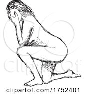 Poster, Art Print Of Nude Female Figure Kneeling On One Knee With Hand Covering Face Doodle Art Line Drawing
